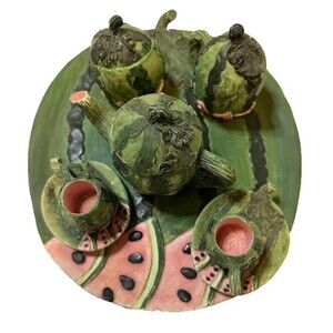 Vintage Whimsical Miniature Resin Watermelon Tea Party Set - 1995 11 pc set